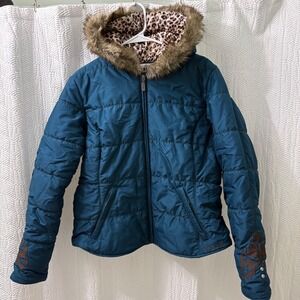 Ariat Teal Puffer Jacket Faux Fur Hood‎ Embroidered Girls XL TG